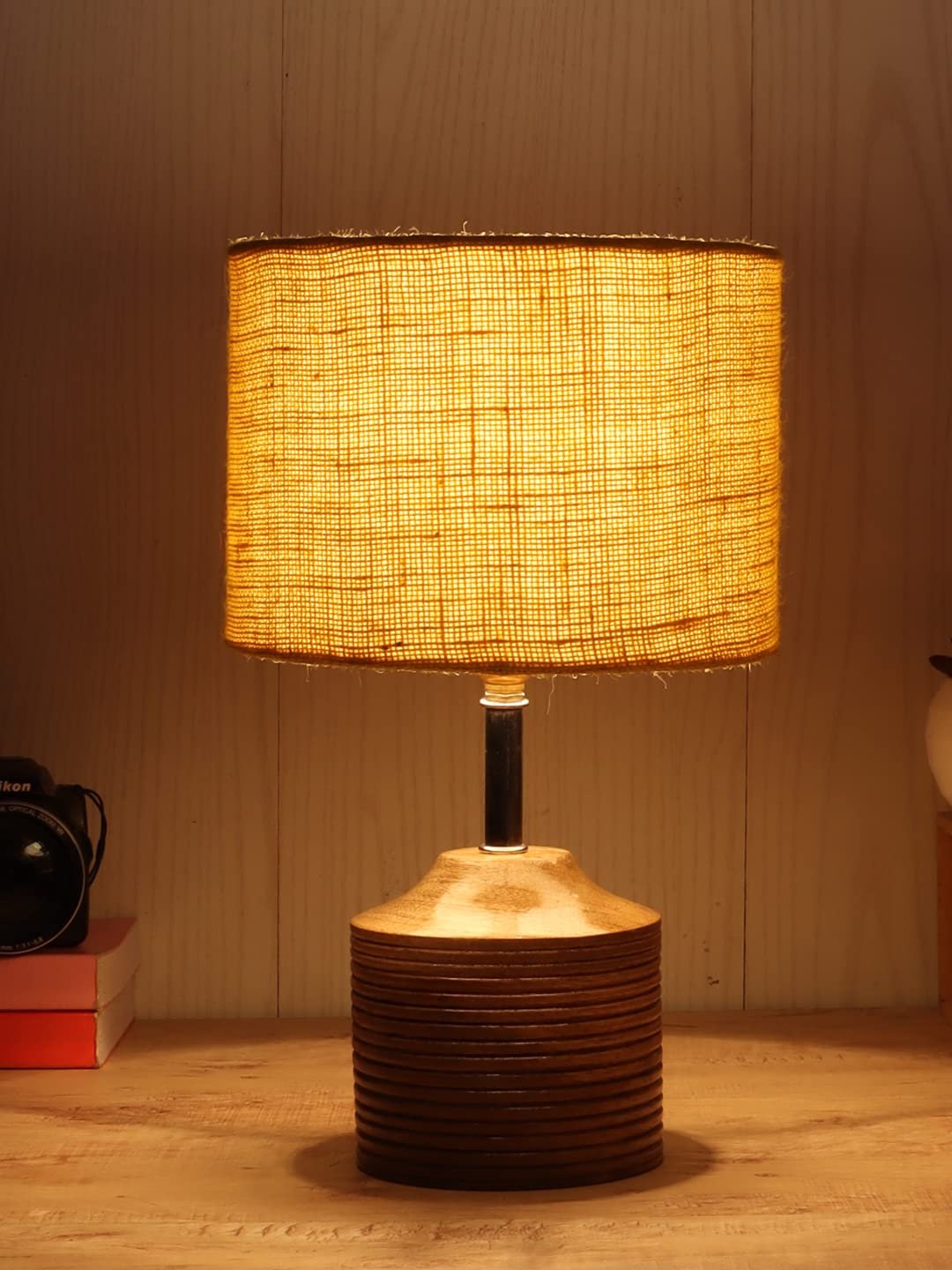 Wood Table lamp with Yellow Jute Shade
