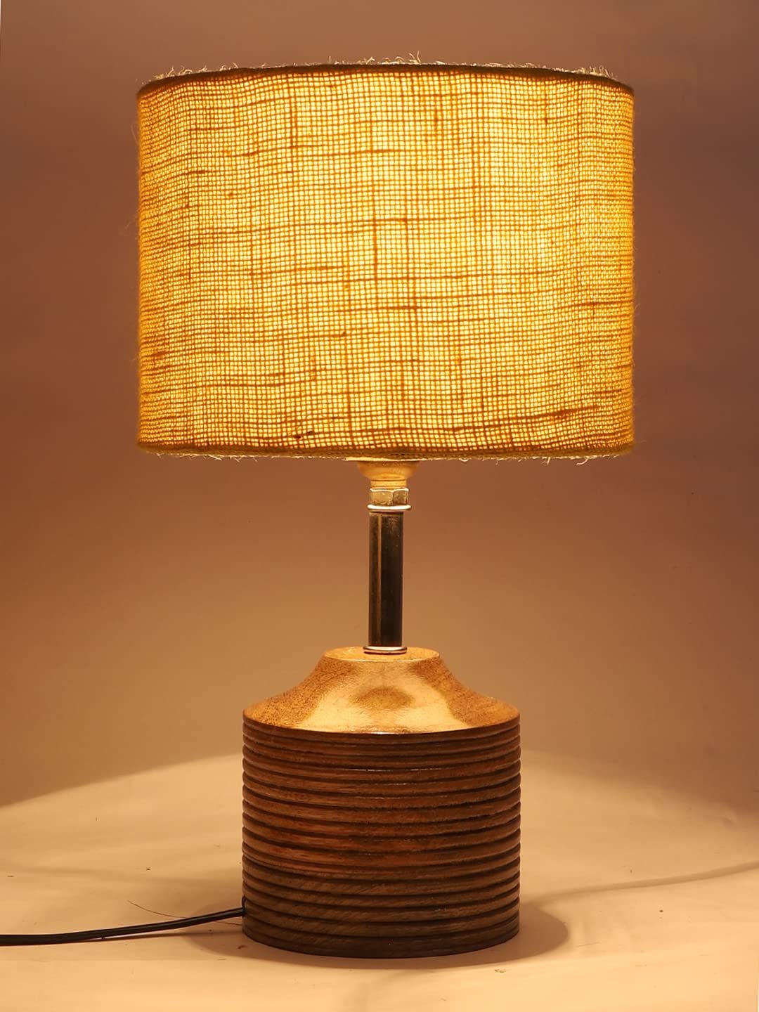 Wood Table lamp with Yellow Jute Shade