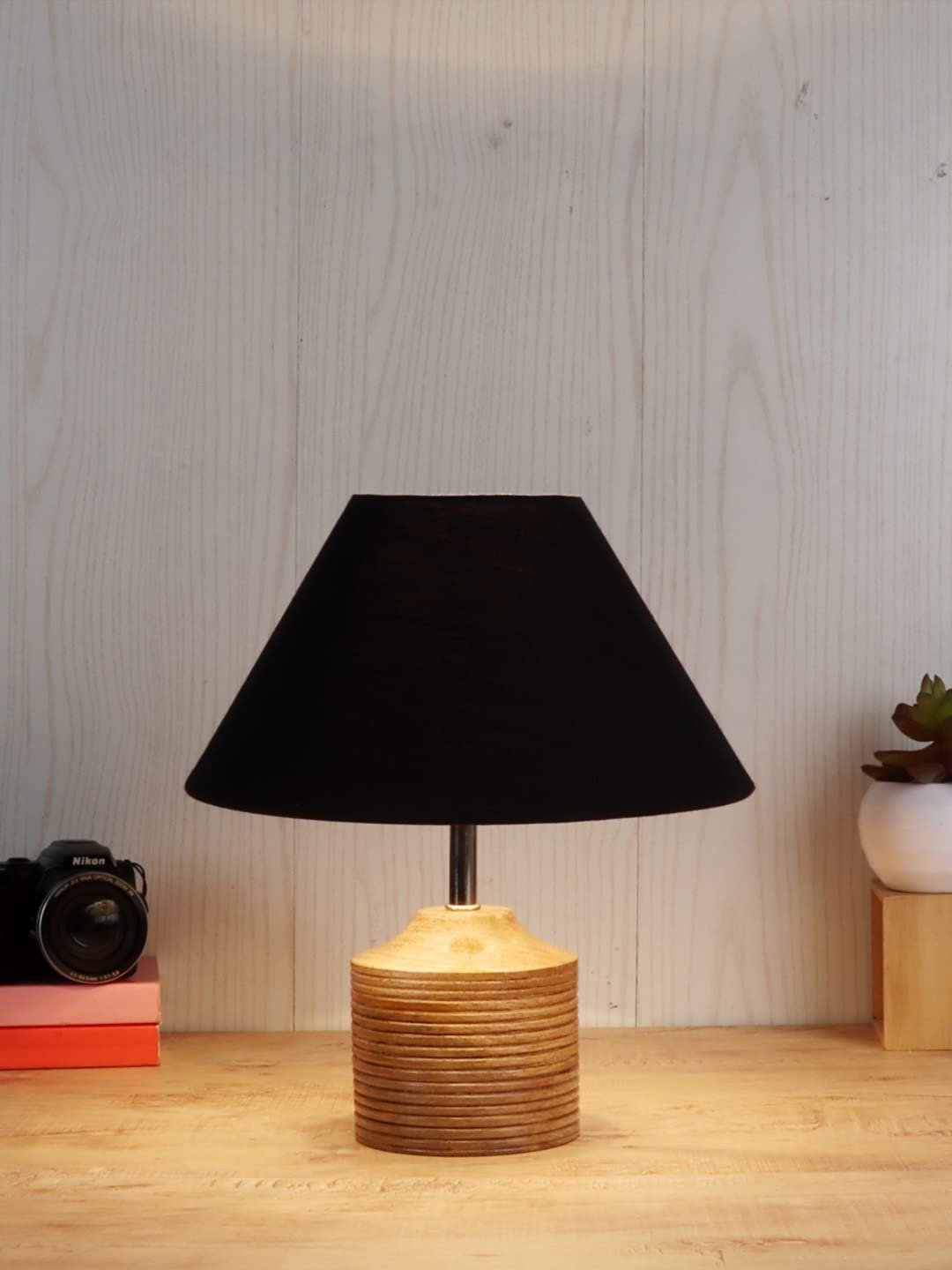 Wood Table lamp with Black Cotton Shade