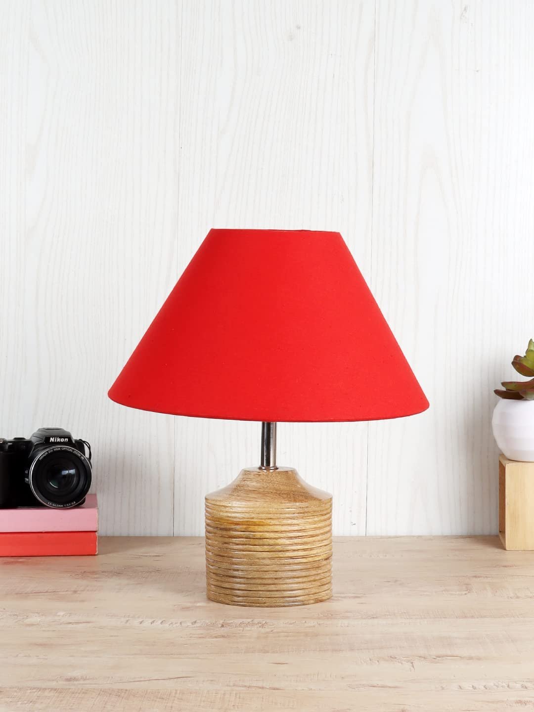 Wood Table lamp with Red Cotton Shade