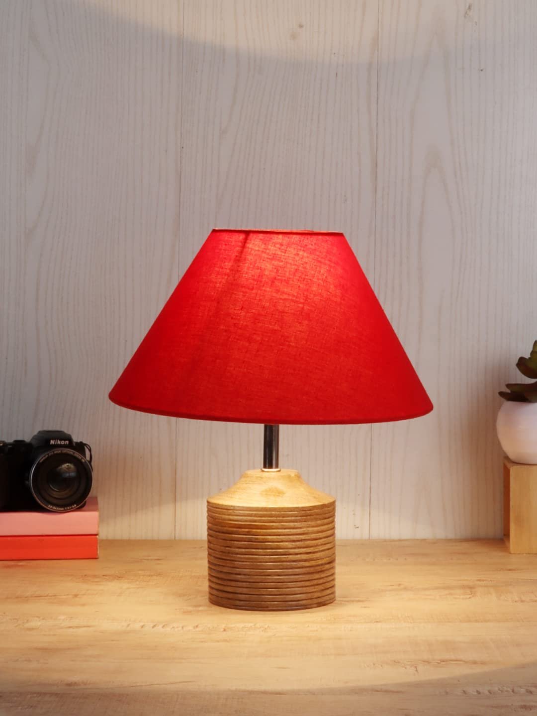Wood Table lamp with Red Cotton Shade
