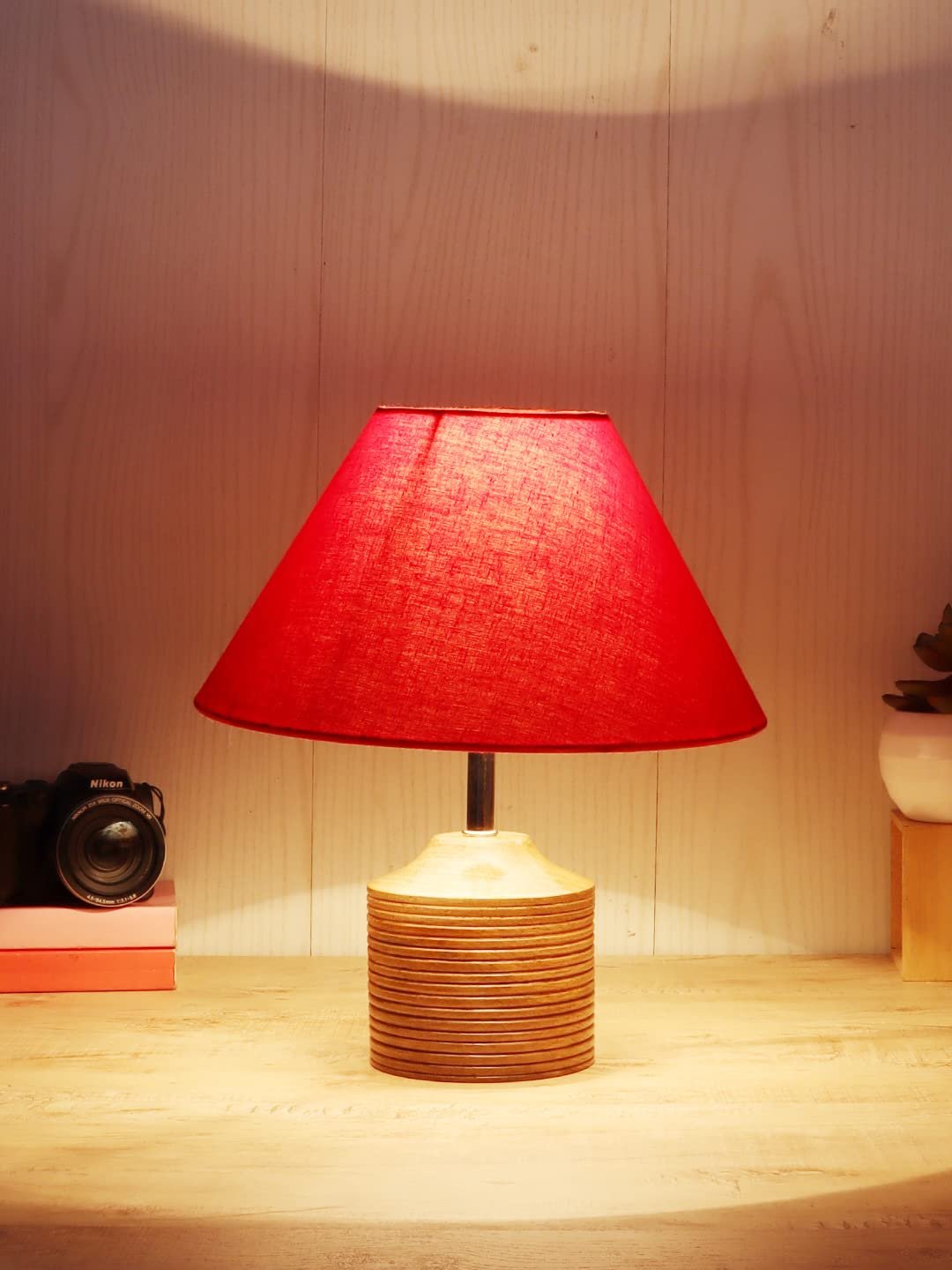 Wood Table lamp with Red Cotton Shade