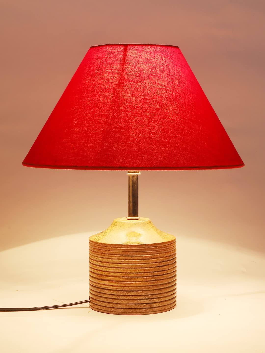 Wood Table lamp with Red Cotton Shade