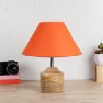 Wood Table lamp with Orange Cotton Shade