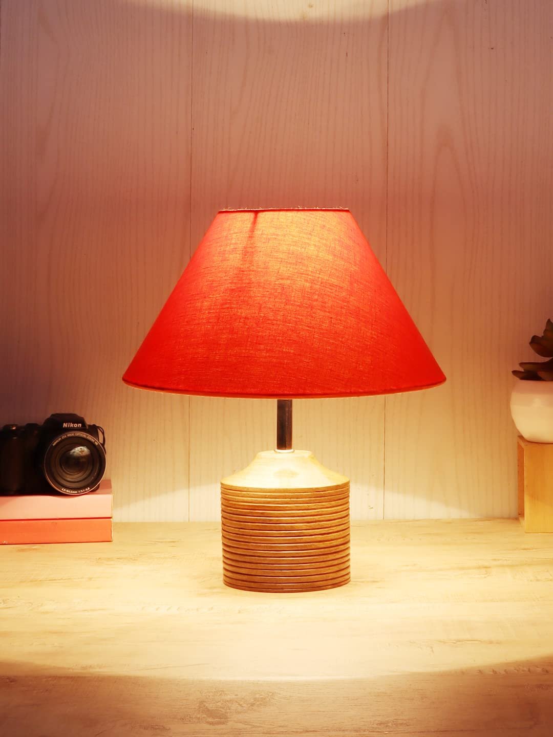 Wood Table lamp with Orange Cotton Shade