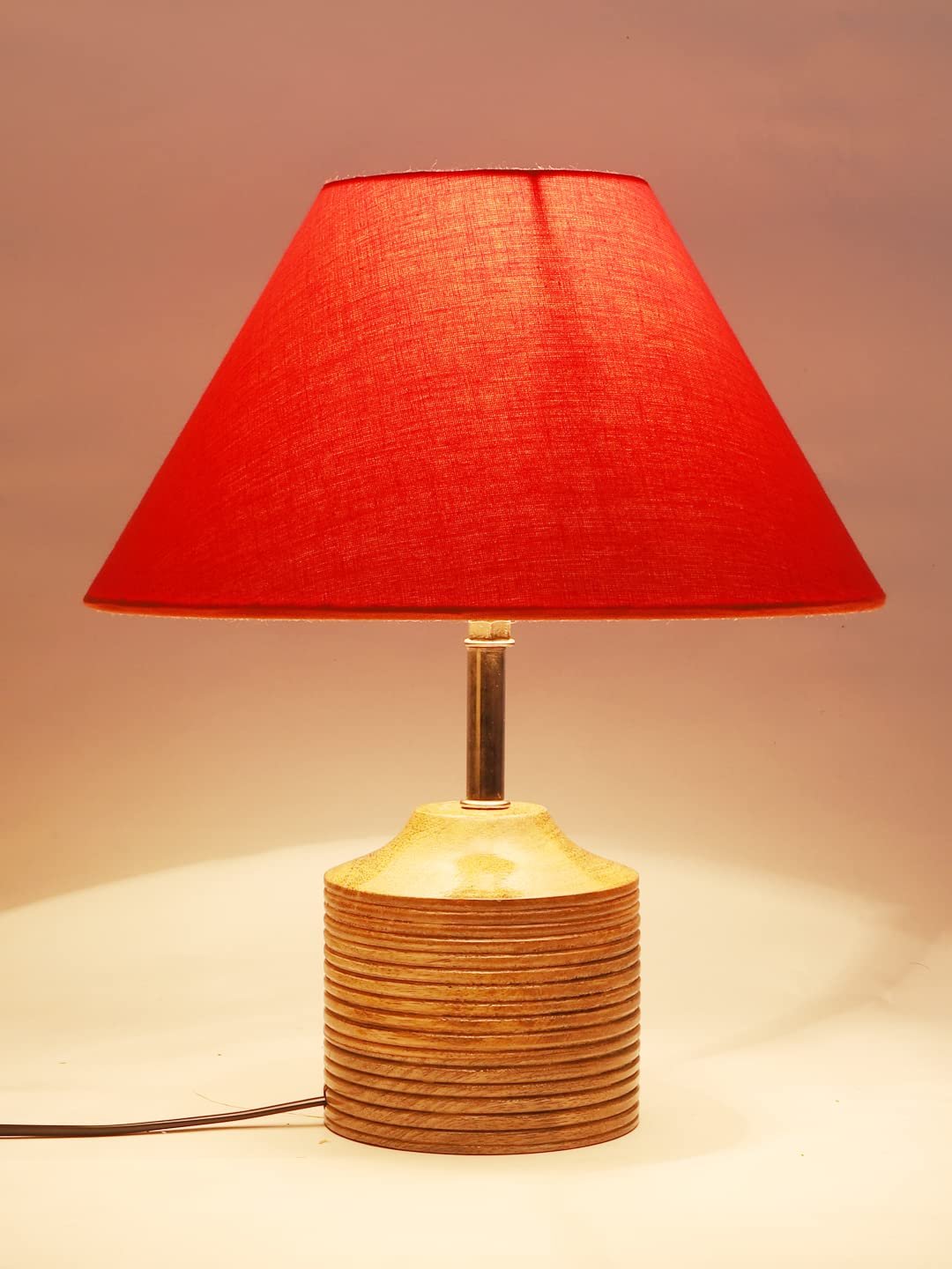 Wood Table lamp with Orange Cotton Shade
