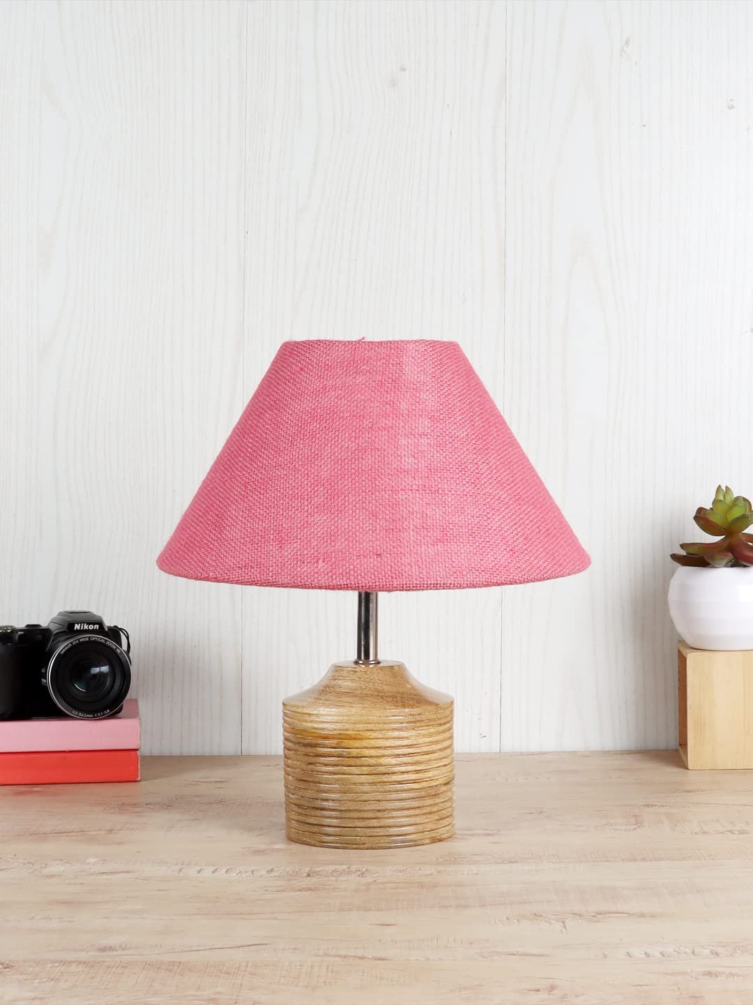 Wood Table lamp with Pink Jute Shade