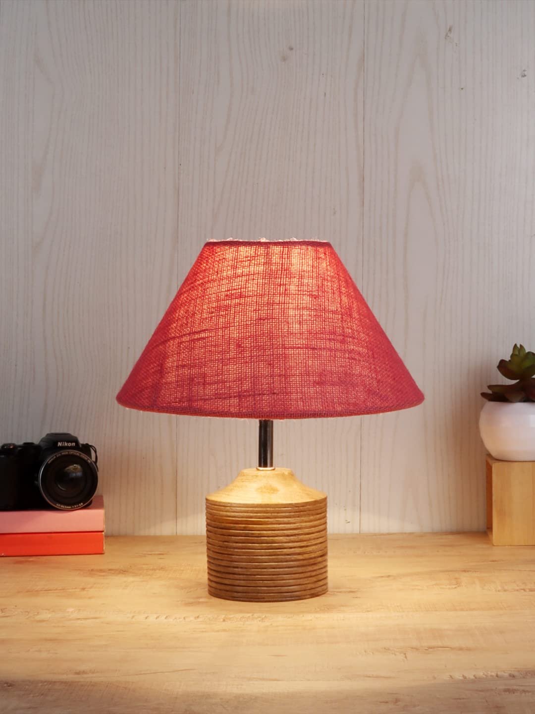 Wood Table lamp with Pink Jute Shade