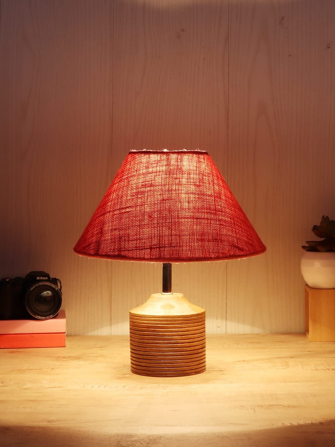 Wood Table lamp with Pink Jute Shade