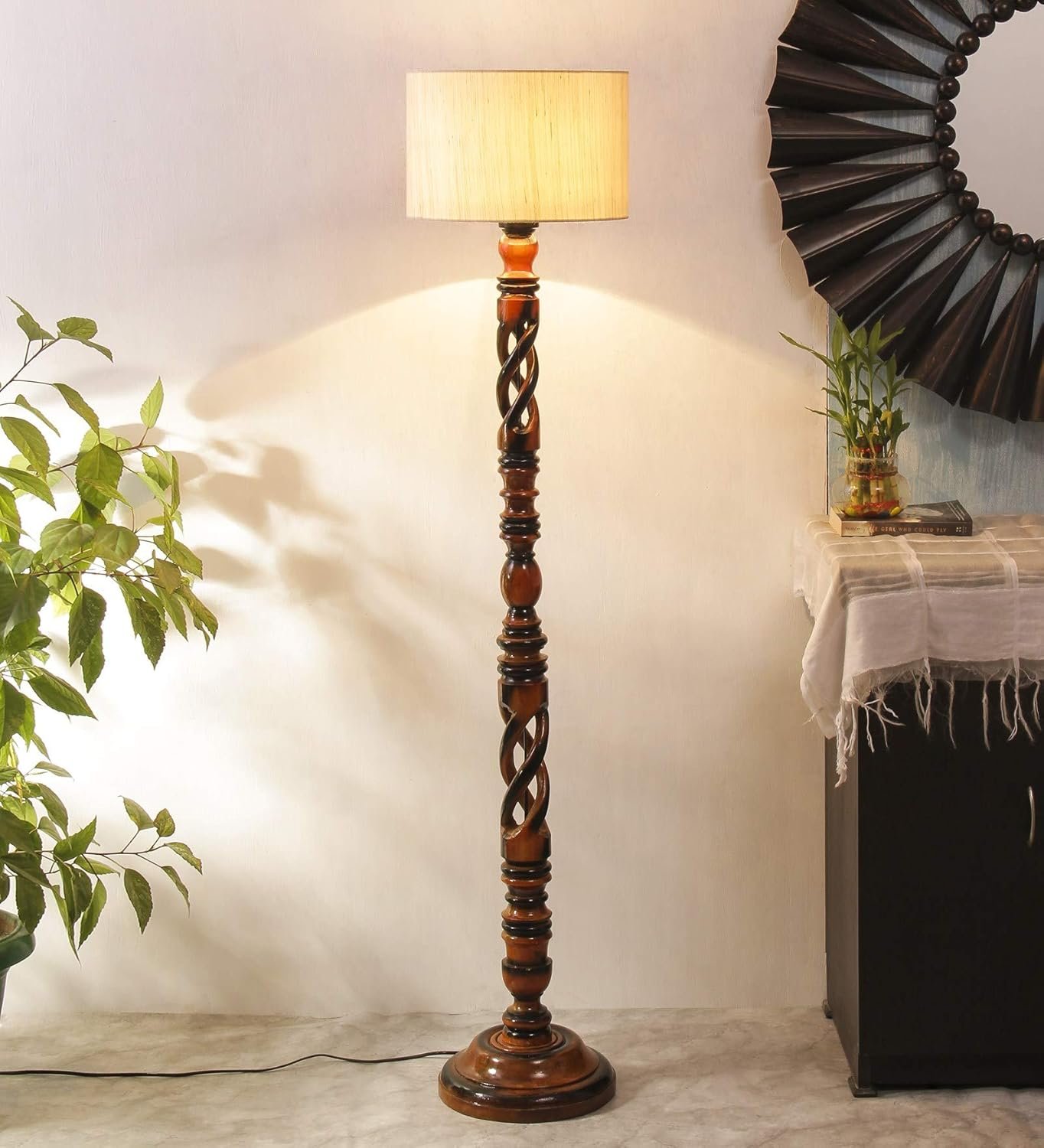 Off-White Cotton Drum Wooden Floor Lamp -1- (12x56.7 inches) -Open Snake