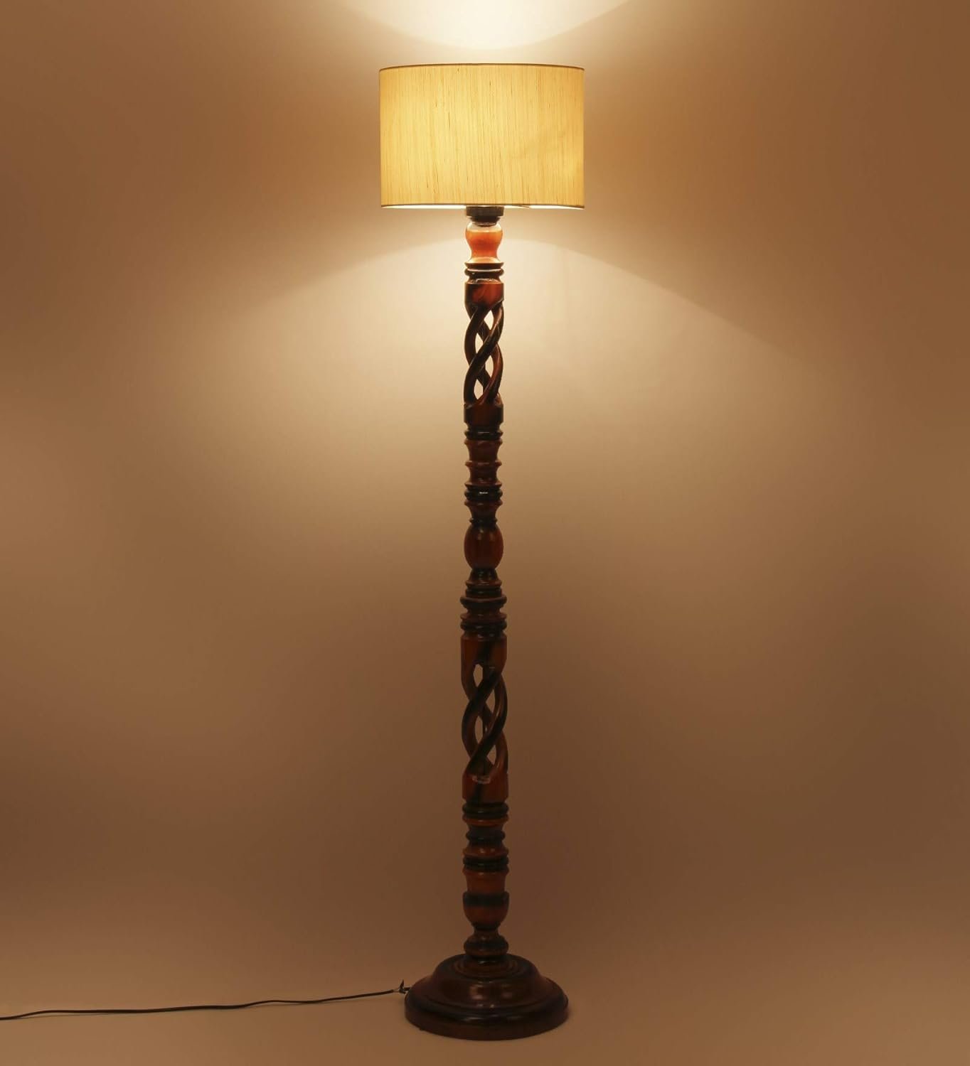 Off-White Cotton Drum Wooden Floor Lamp -1- (12x56.7 inches) -Open Snake