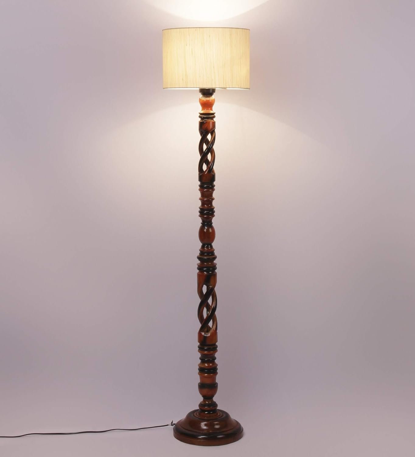 Off-White Cotton Drum Wooden Floor Lamp -1- (12x56.7 inches) -Open Snake