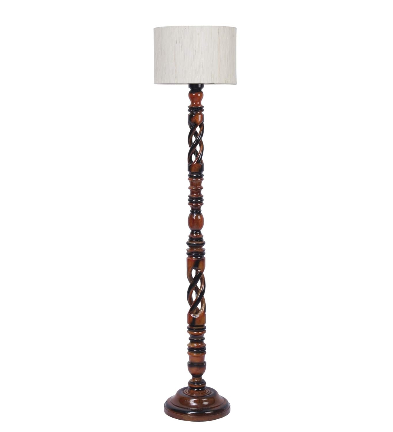 Off-White Cotton Drum Wooden Floor Lamp -1- (12x56.7 inches) -Open Snake