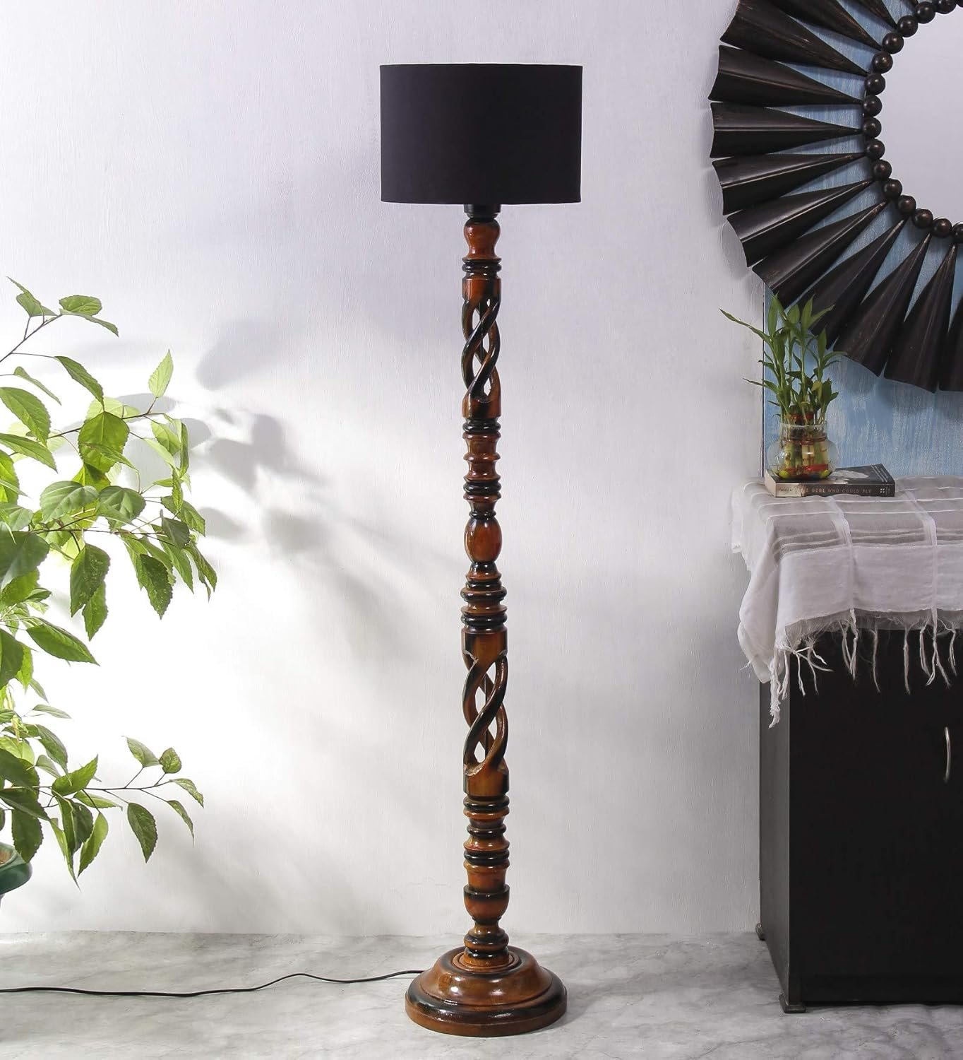 Black Cotton Drum Wooden Floor Lamp -2-(12x56.7inches) -Open Snake
