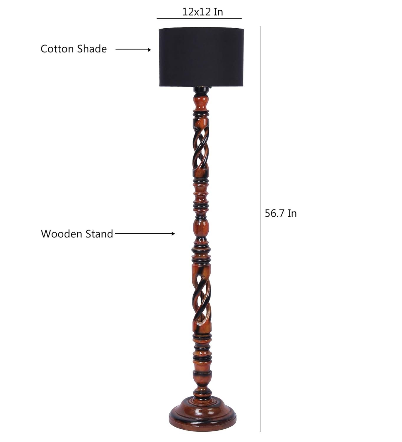 Black Cotton Drum Wooden Floor Lamp -2-(12x56.7inches) -Open Snake