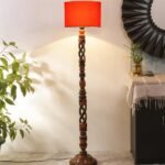Orange Cotton Drum Wooden Floor Lamp -4-(12×56.7 inches) -Open Snake