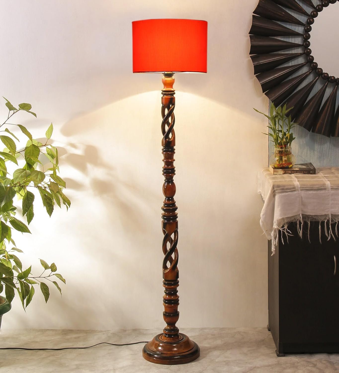 Orange Cotton Drum Wooden Floor Lamp -4-(12x56.7 inches) -Open Snake