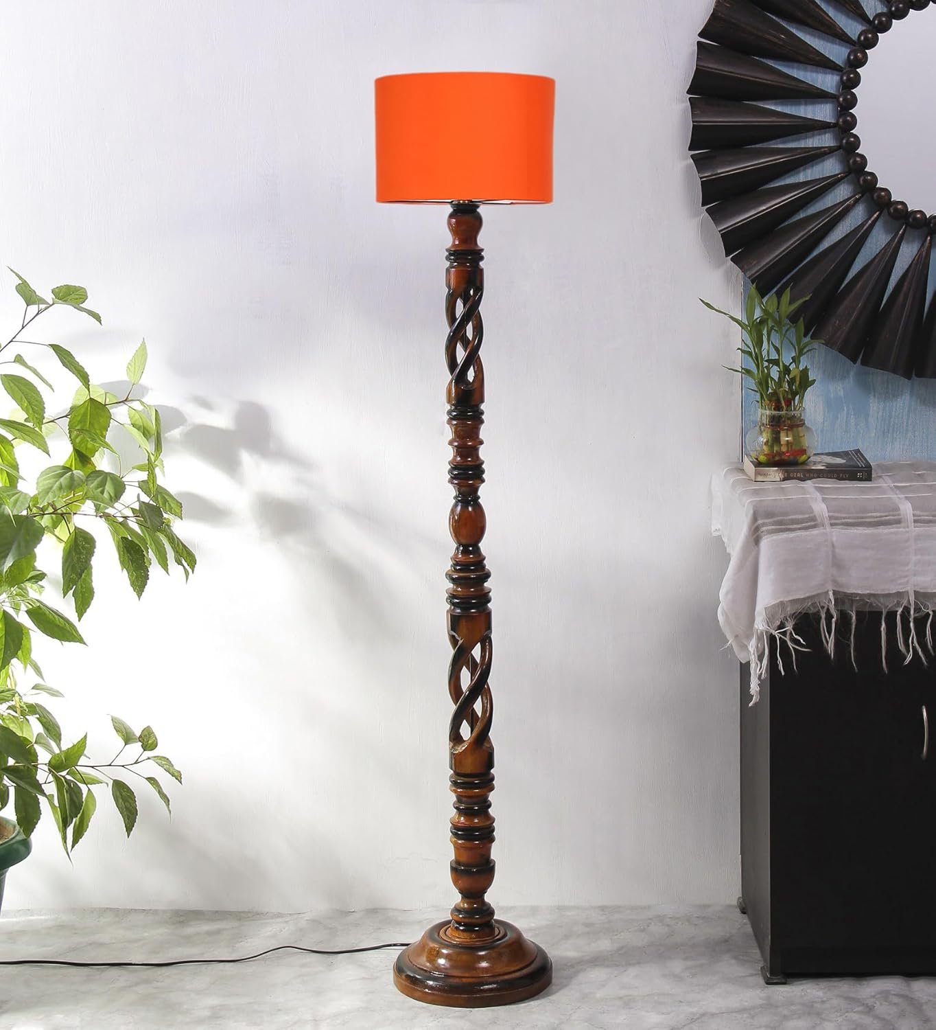 Orange Cotton Drum Wooden Floor Lamp -4-(12x56.7 inches) -Open Snake
