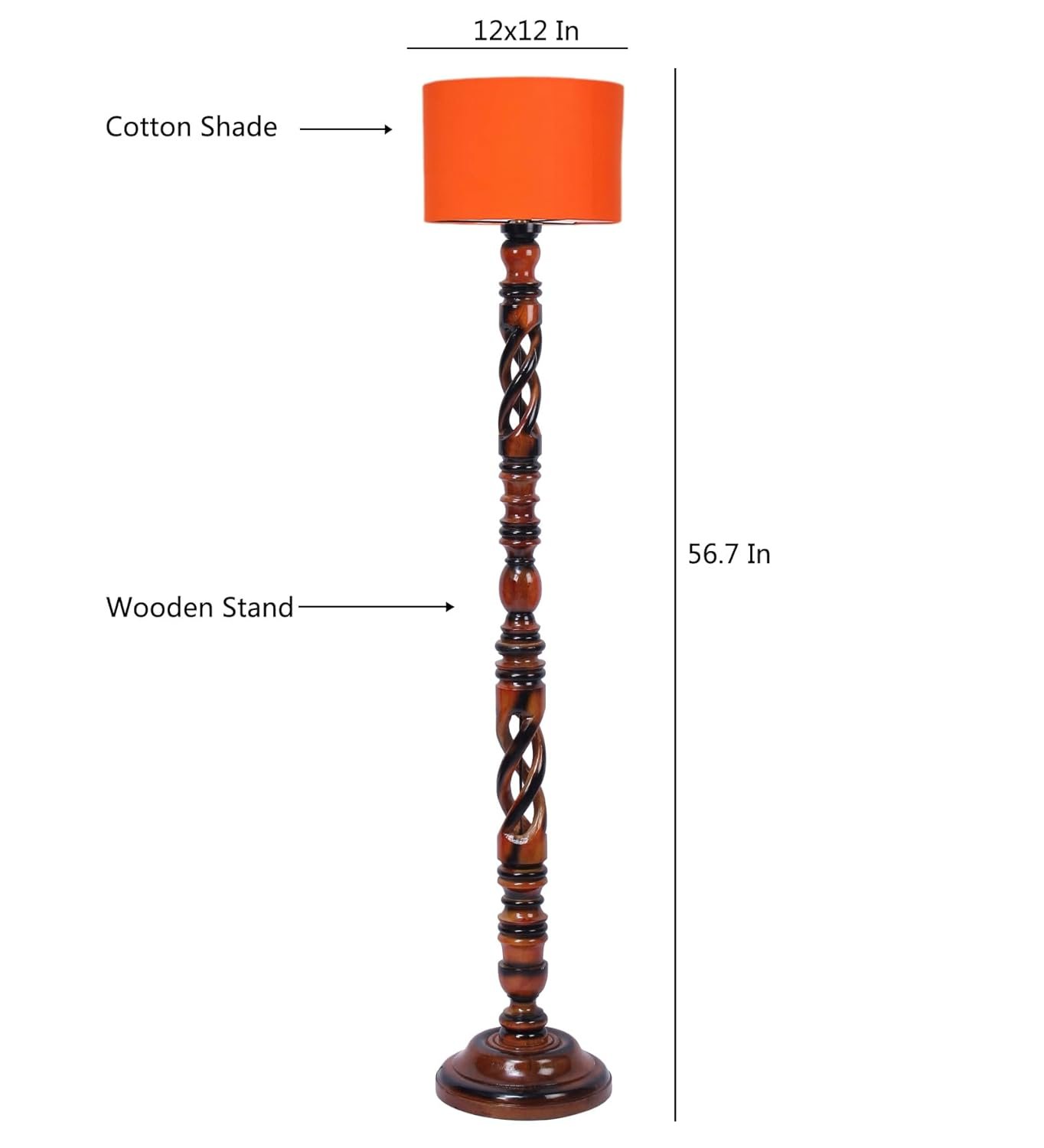 Orange Cotton Drum Wooden Floor Lamp -4-(12x56.7 inches) -Open Snake
