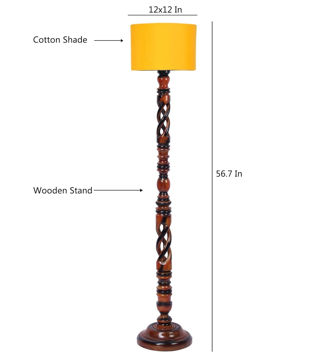 Yellow Cotton Drum Wooden Floor Lamp -5-(12x56 .7inches) -Open Snake