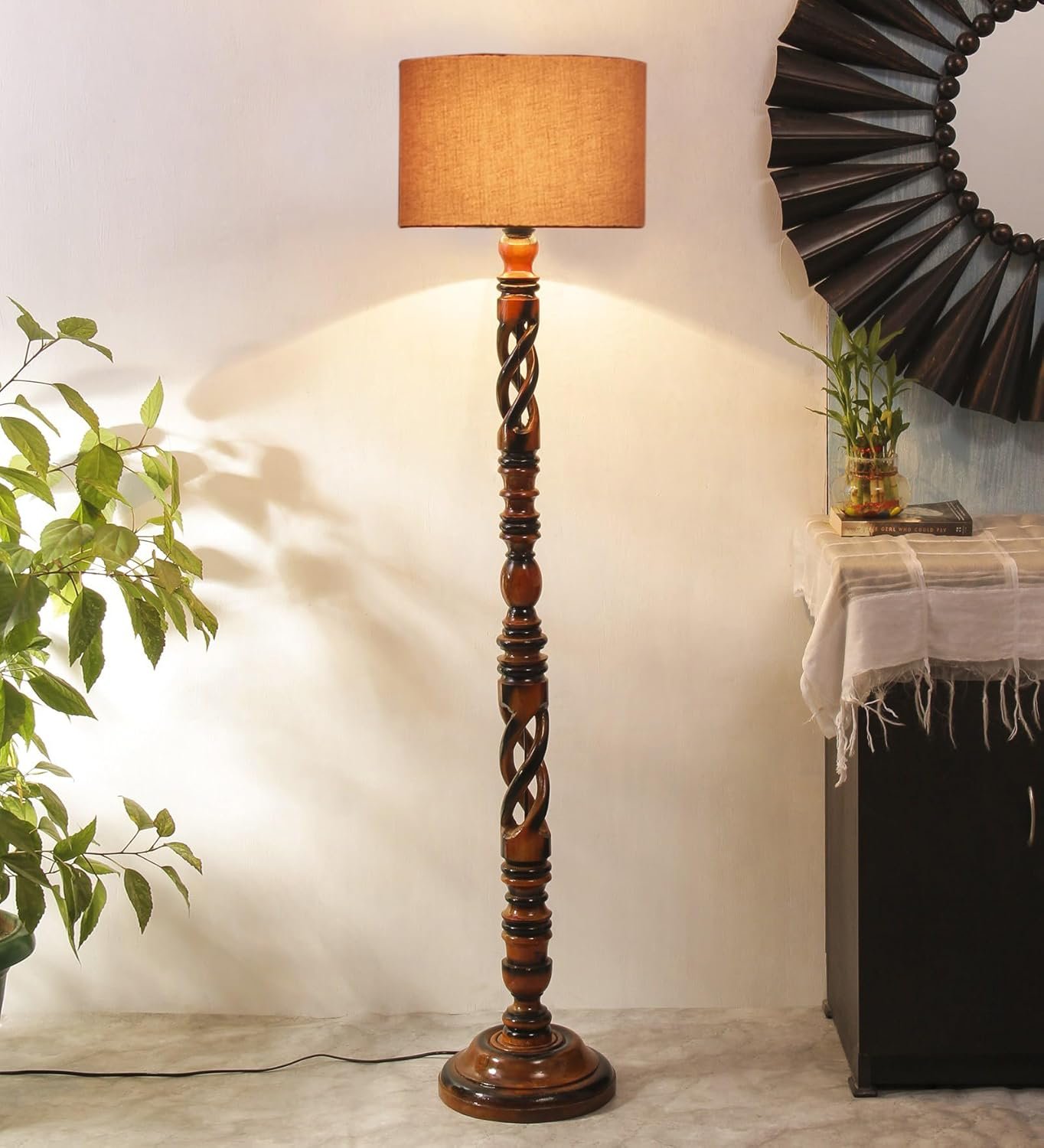 Grey Cotton Drum Wooden Floor Lamp -6-(12x56.7inches) -Open Snake