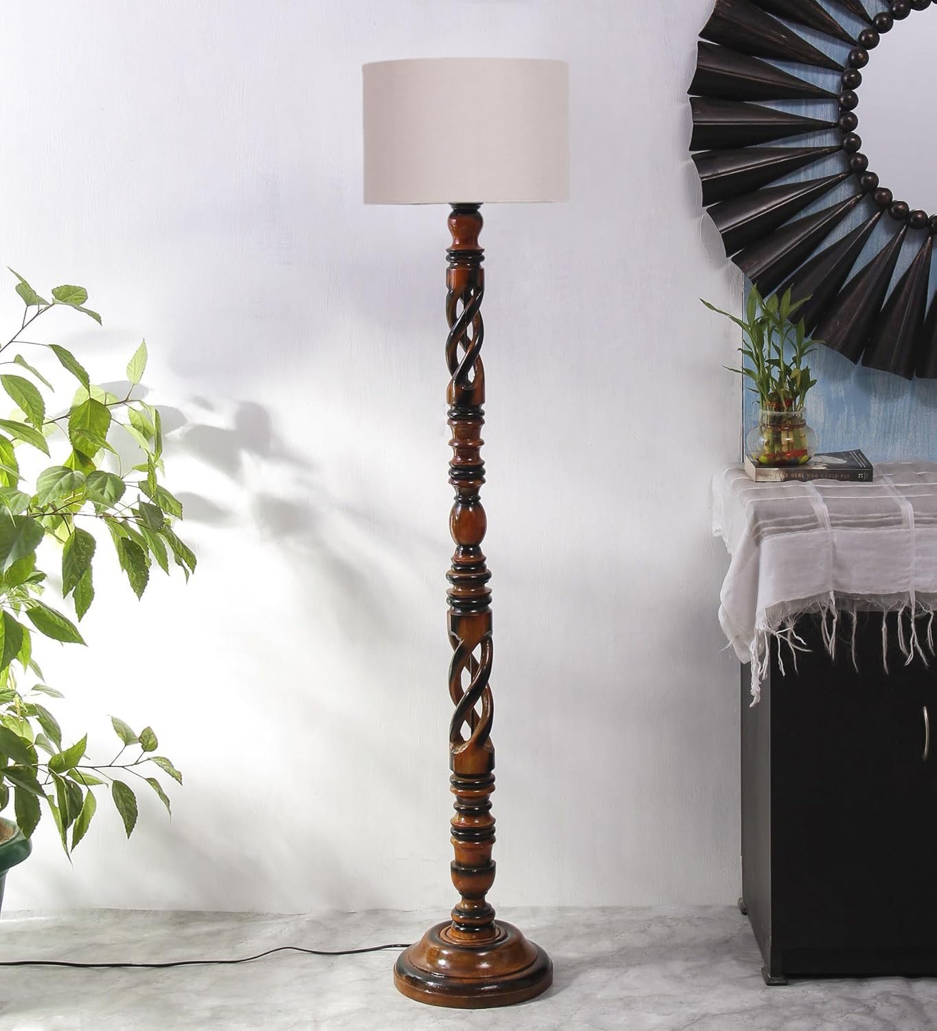 Grey Cotton Drum Wooden Floor Lamp -6-(12x56.7inches) -Open Snake