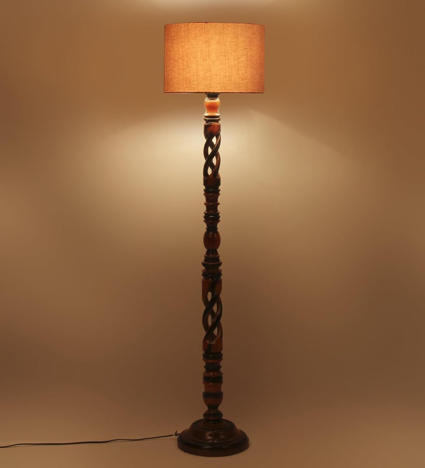 Grey Cotton Drum Wooden Floor Lamp -6-(12x56.7inches) -Open Snake