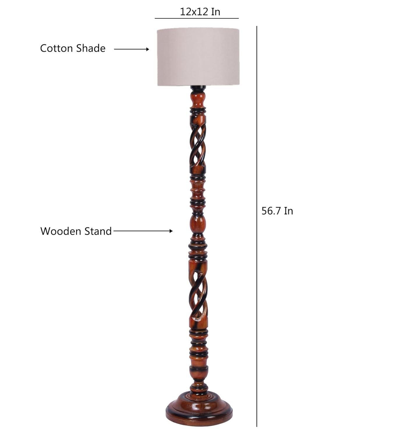 Grey Cotton Drum Wooden Floor Lamp -6-(12x56.7inches) -Open Snake