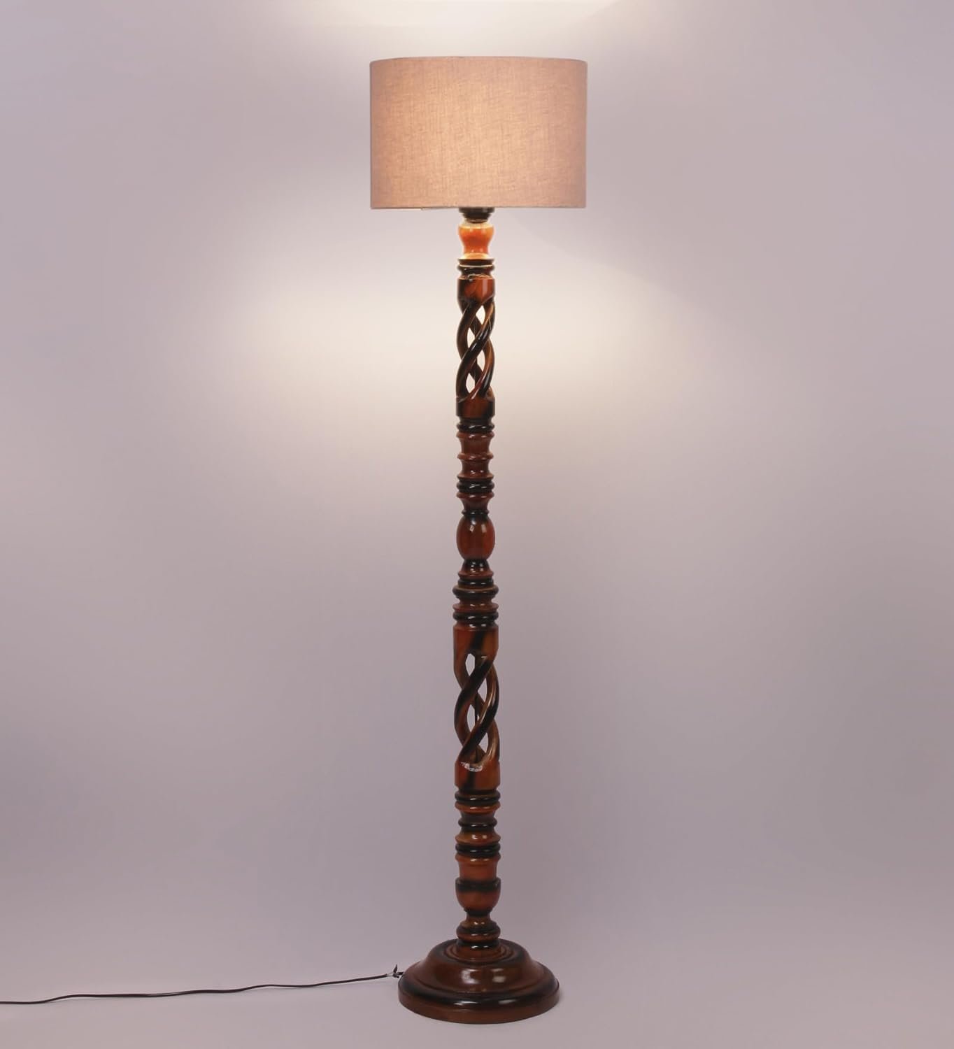 Grey Cotton Drum Wooden Floor Lamp -6-(12x56.7inches) -Open Snake