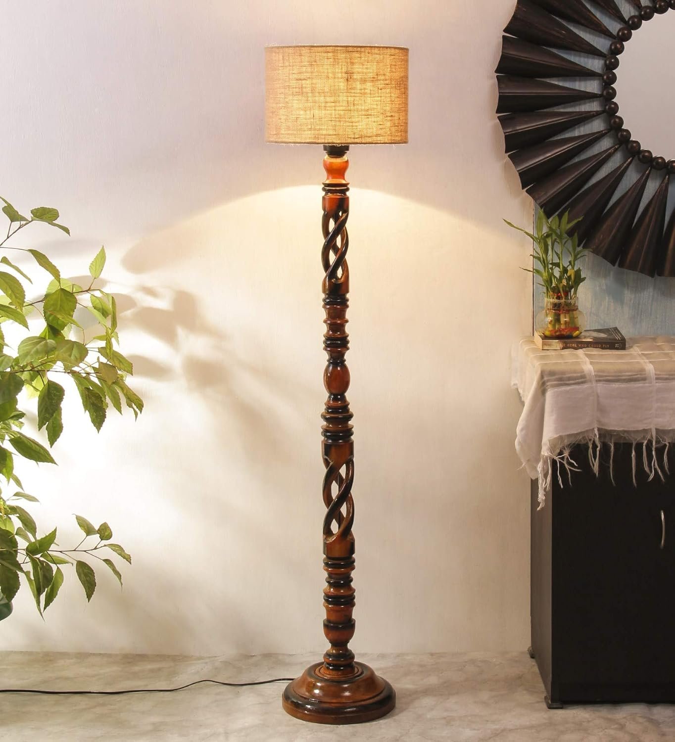 Beige Jute Drum Wooden Floor Lamp -8-(12x56.7inches) -Open Snake
