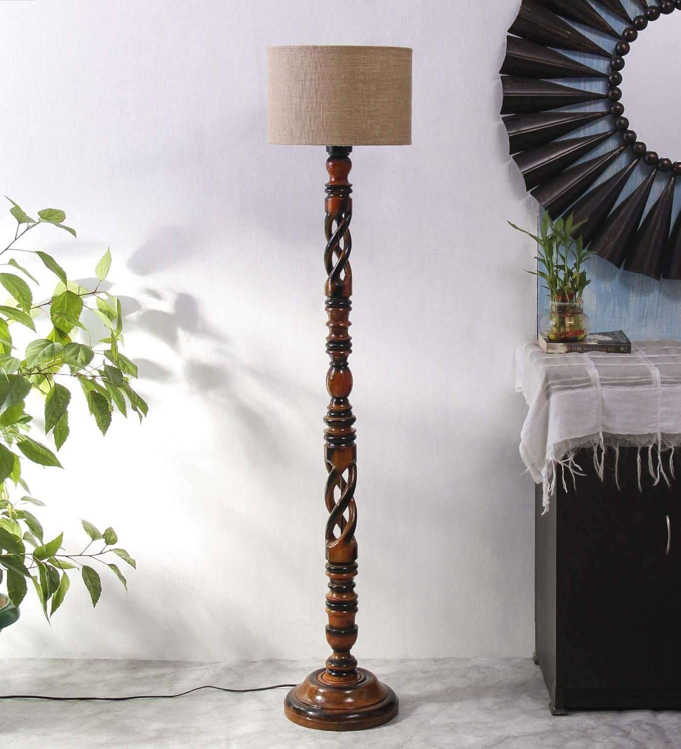 Beige Jute Drum Wooden Floor Lamp -8-(12x56.7inches) -Open Snake