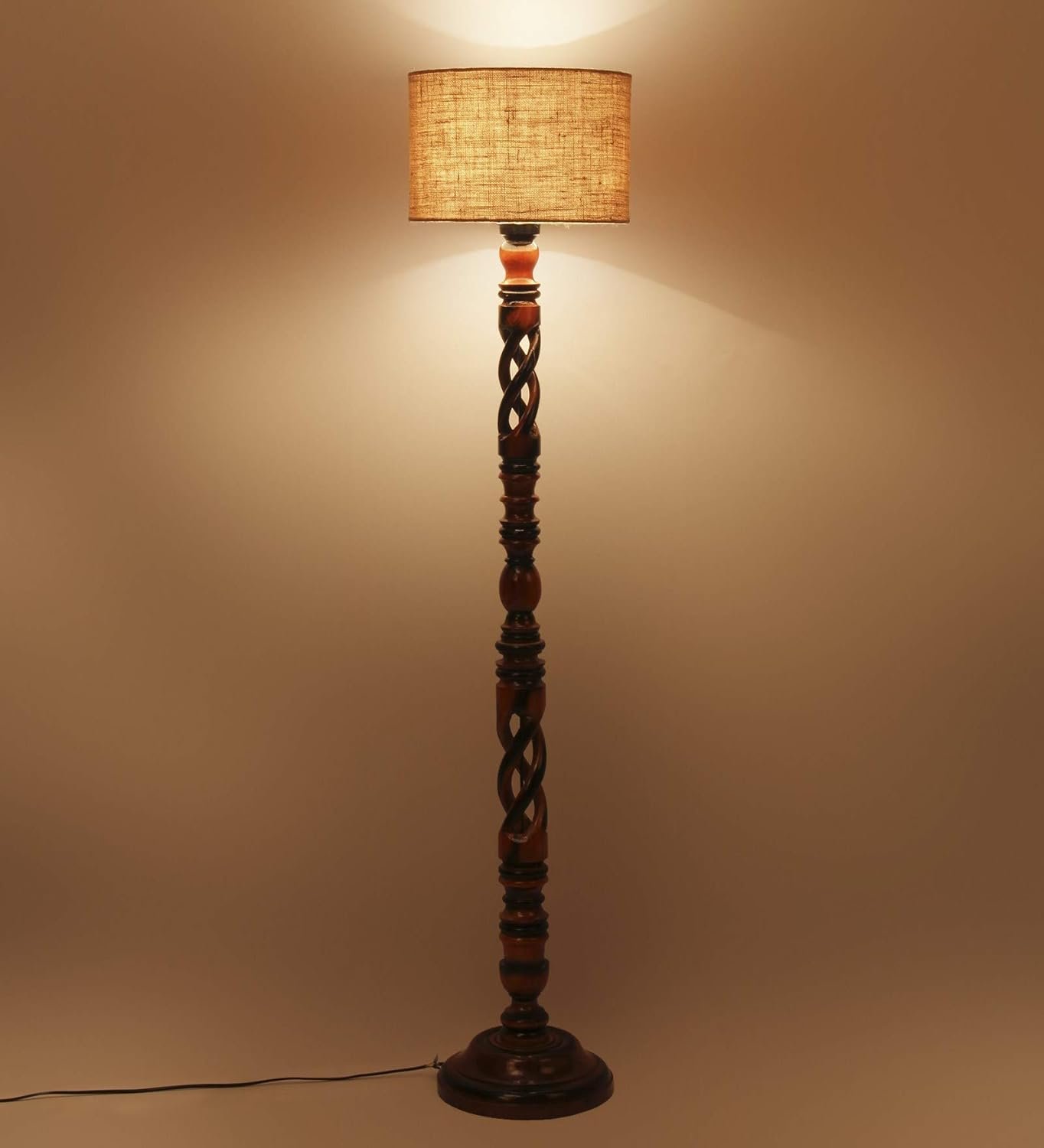 Beige Jute Drum Wooden Floor Lamp -8-(12x56.7inches) -Open Snake