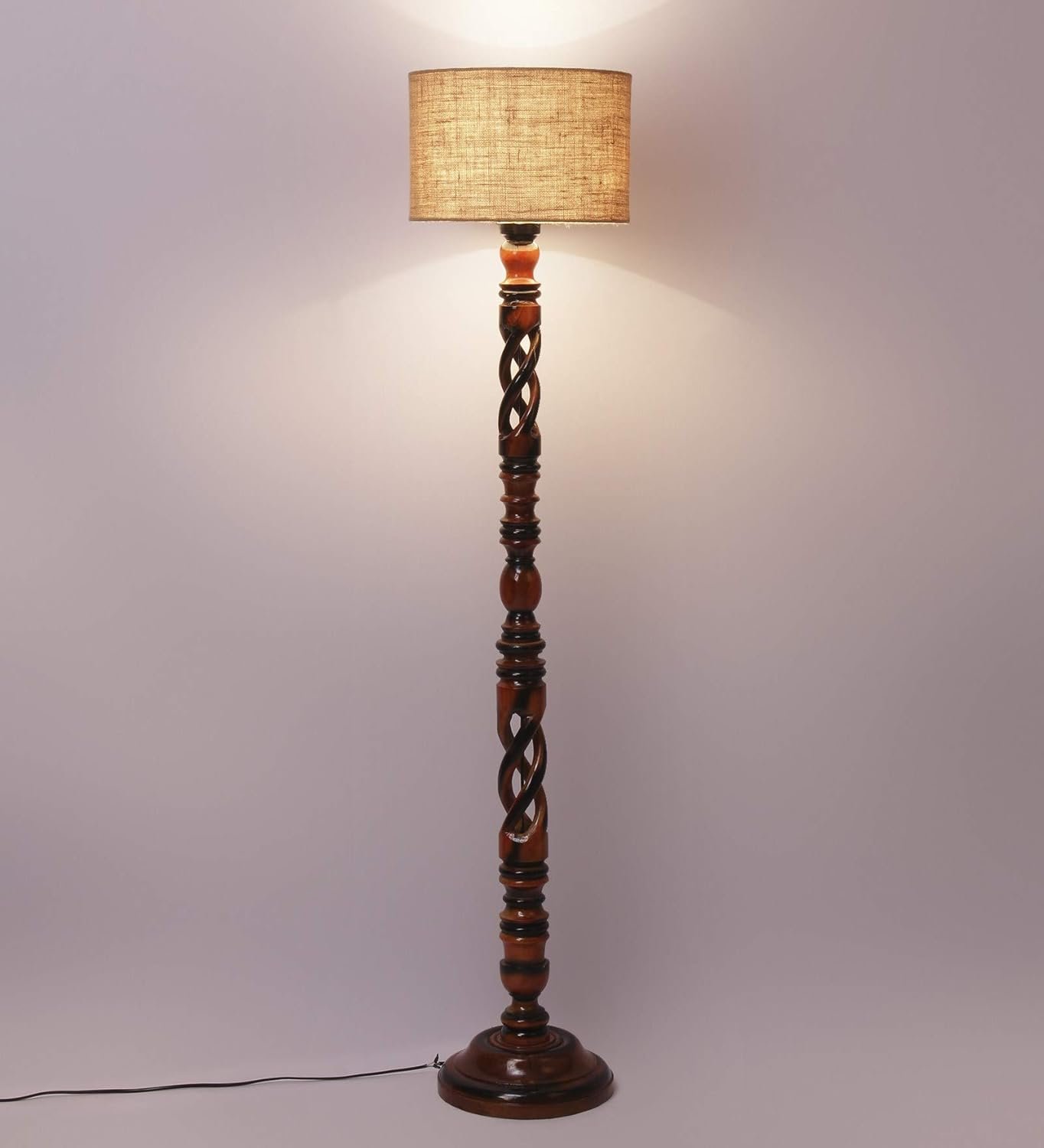 Beige Jute Drum Wooden Floor Lamp -8-(12x56.7inches) -Open Snake