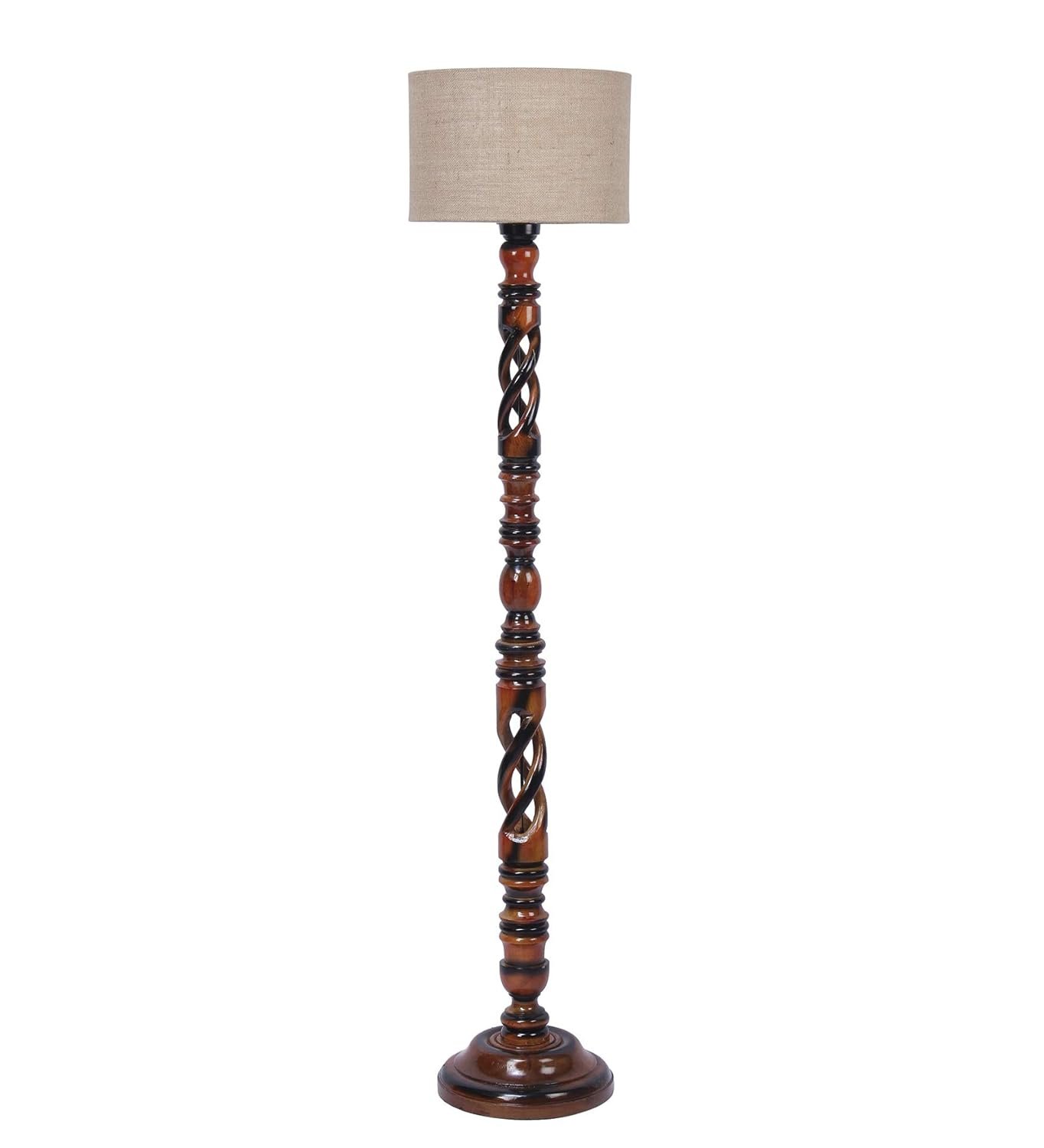 Beige Jute Drum Wooden Floor Lamp -8-(12x56.7inches) -Open Snake