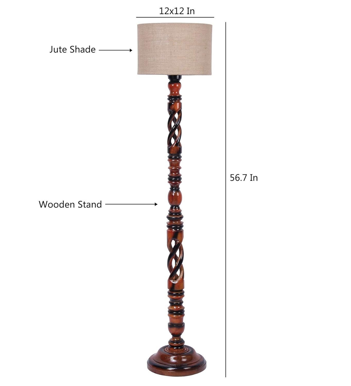 Beige Jute Drum Wooden Floor Lamp -8-(12x56.7inches) -Open Snake