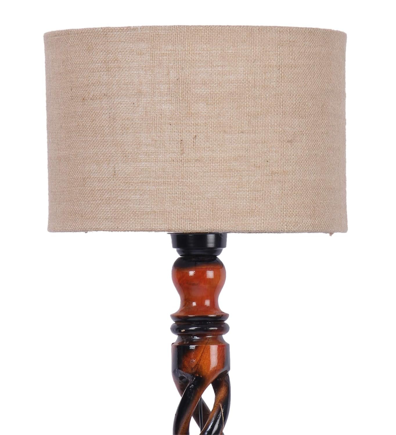 Beige Jute Drum Wooden Floor Lamp -8-(12x56.7inches) -Open Snake