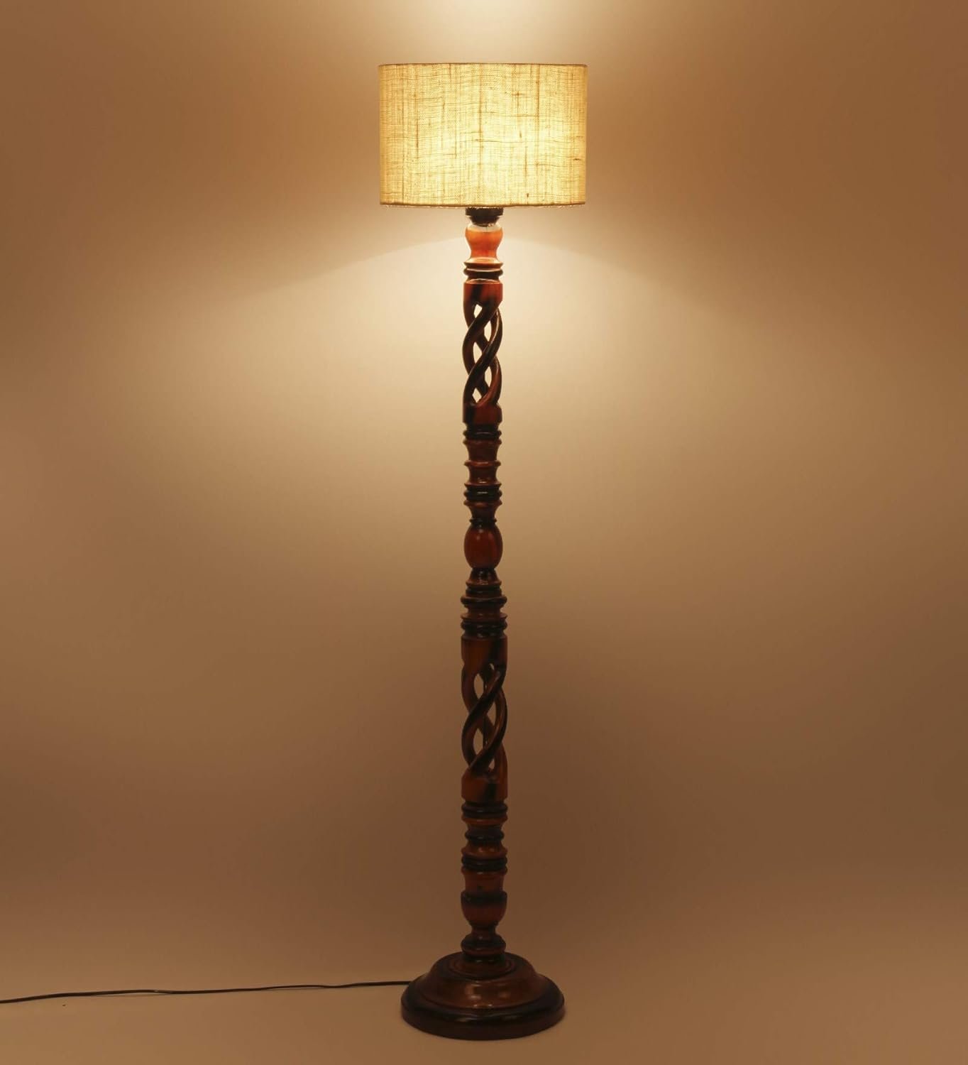 White Jute Drum Wooden Floor Lamp -9-(12x56.7inches) -Open Snake