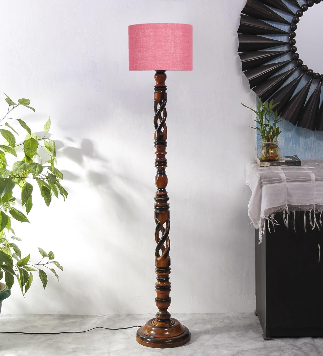 Pink Jute Drum Wooden Floor Lamp -10-(12x56.7inches) -Open Snake