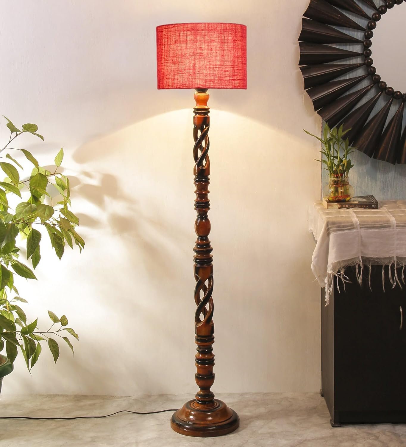 Pink Jute Drum Wooden Floor Lamp -10-(12x56.7inches) -Open Snake