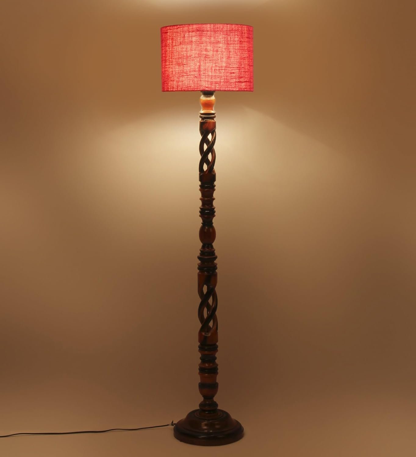 Pink Jute Drum Wooden Floor Lamp -10-(12x56.7inches) -Open Snake