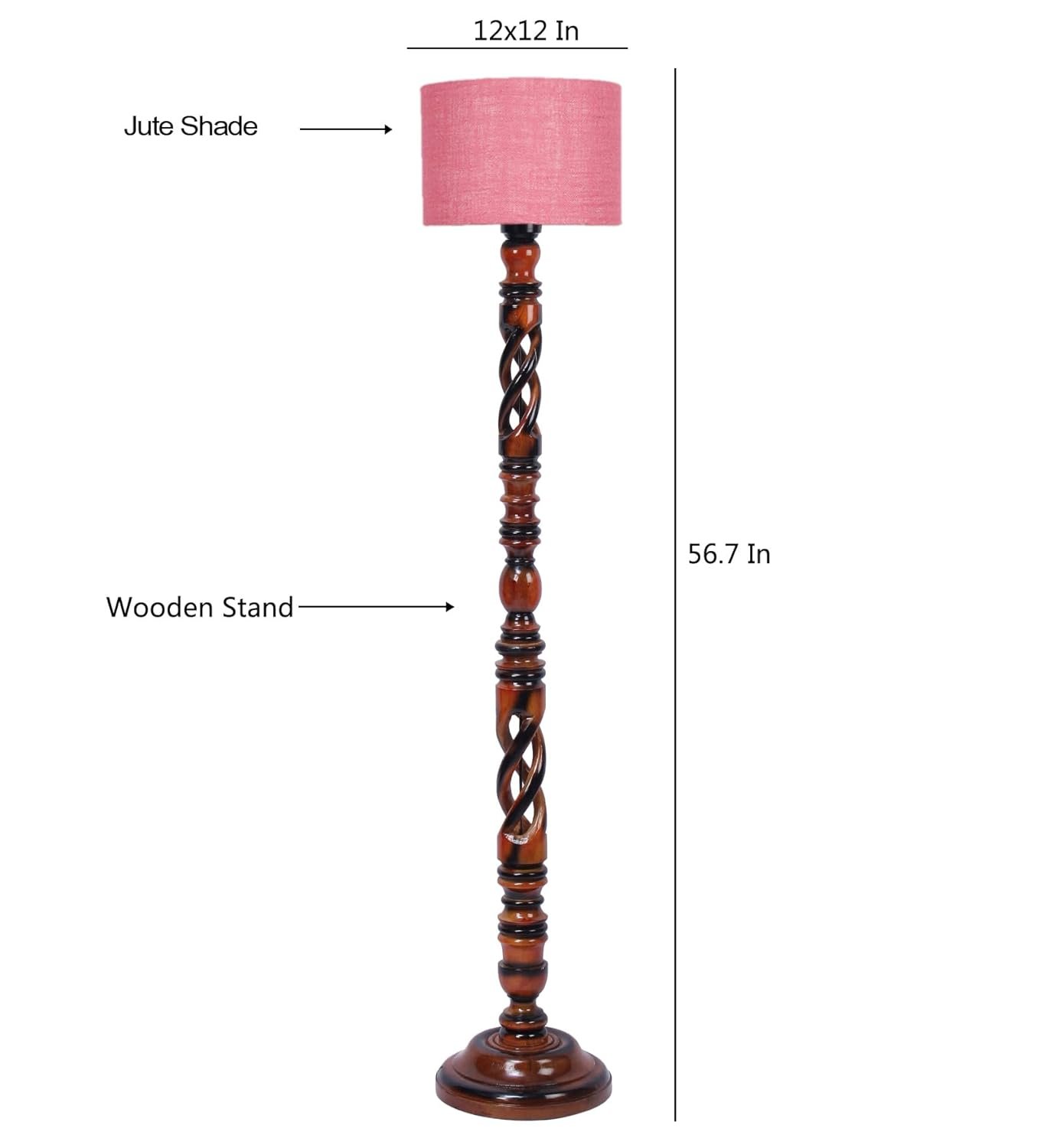 Pink Jute Drum Wooden Floor Lamp -10-(12x56.7inches) -Open Snake