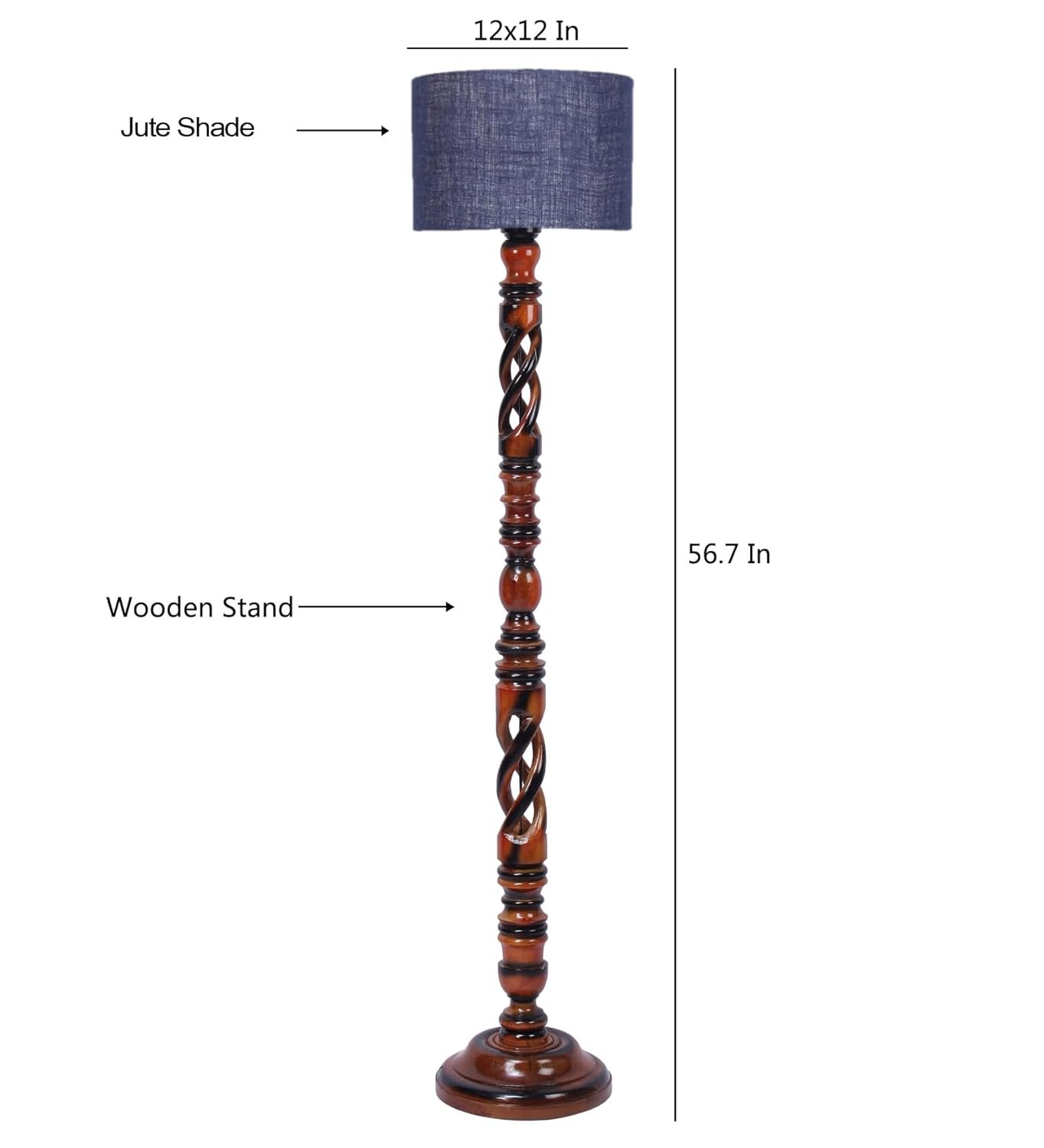 Maroon Jute Drum Wooden Floor Lamp -11-(12x56.7inches) -Open Snake