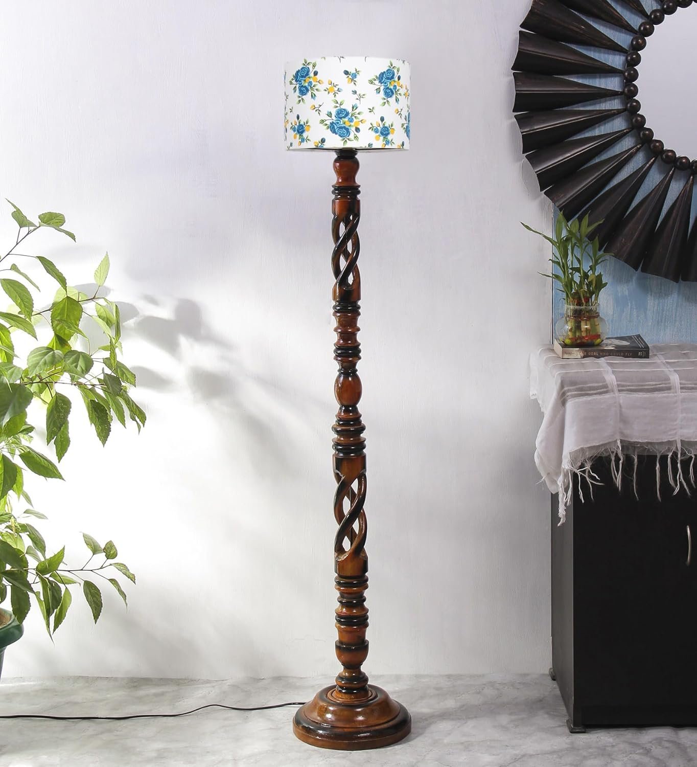 Printed Cotton Drum Wooden Floor Lamp -13-(12x56.7inches) -Open Snake