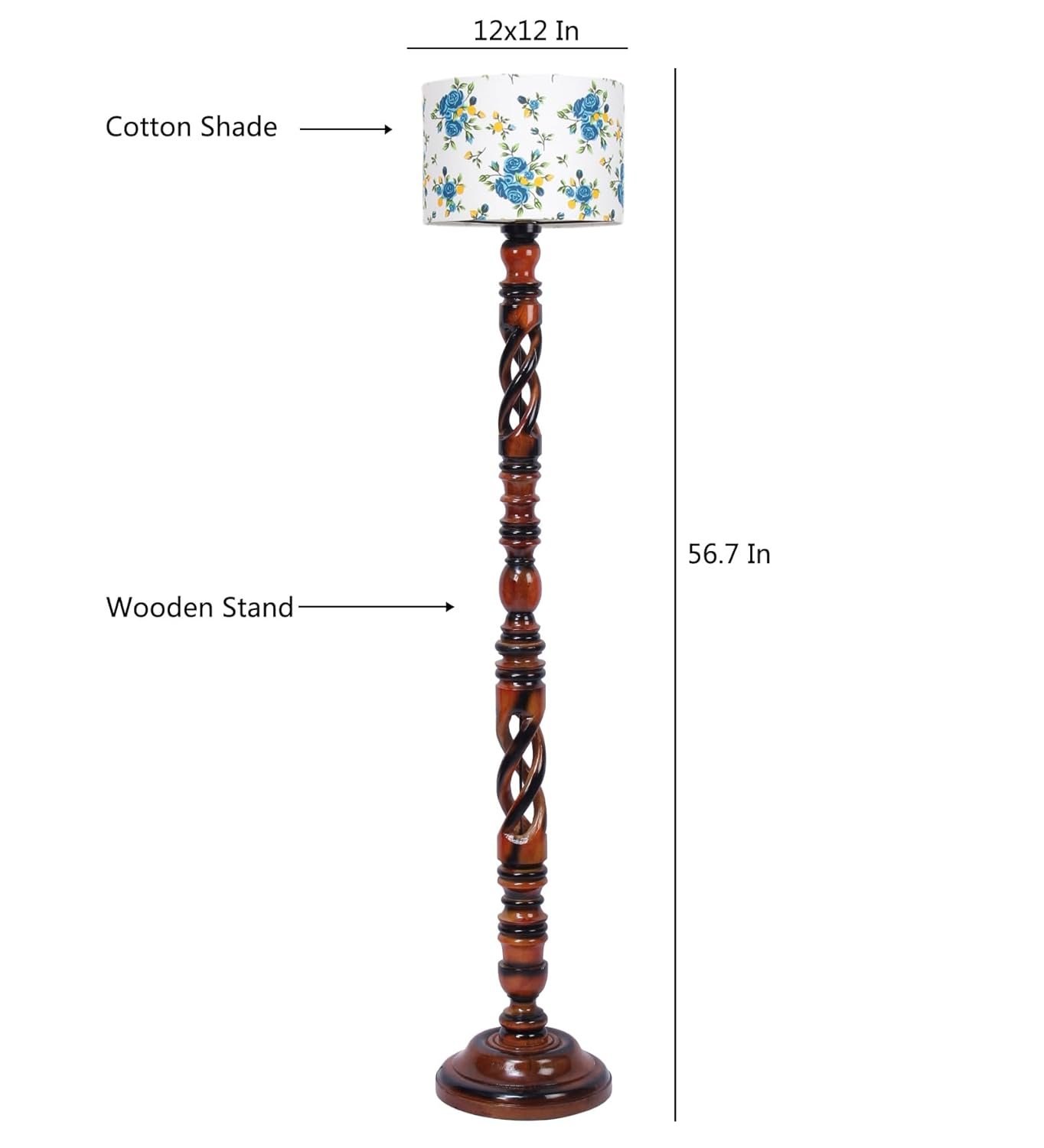 Printed Cotton Drum Wooden Floor Lamp -13-(12x56.7inches) -Open Snake
