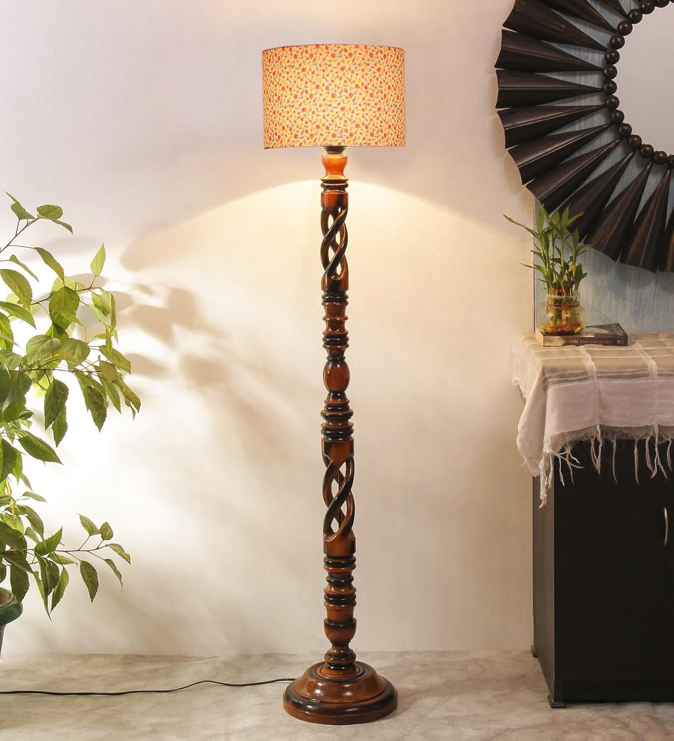 Printed Cotton Drum Wooden Floor Lamp -15 (12x56.7inches) -Open Snake