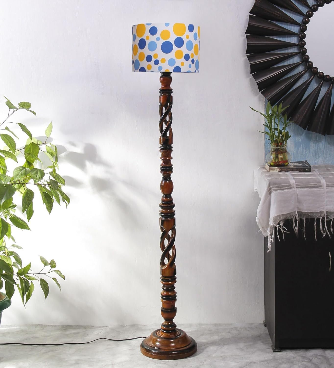Printed Cotton Drum Wooden Floor Lamp -19 (12x56.7inches) -Open Snake