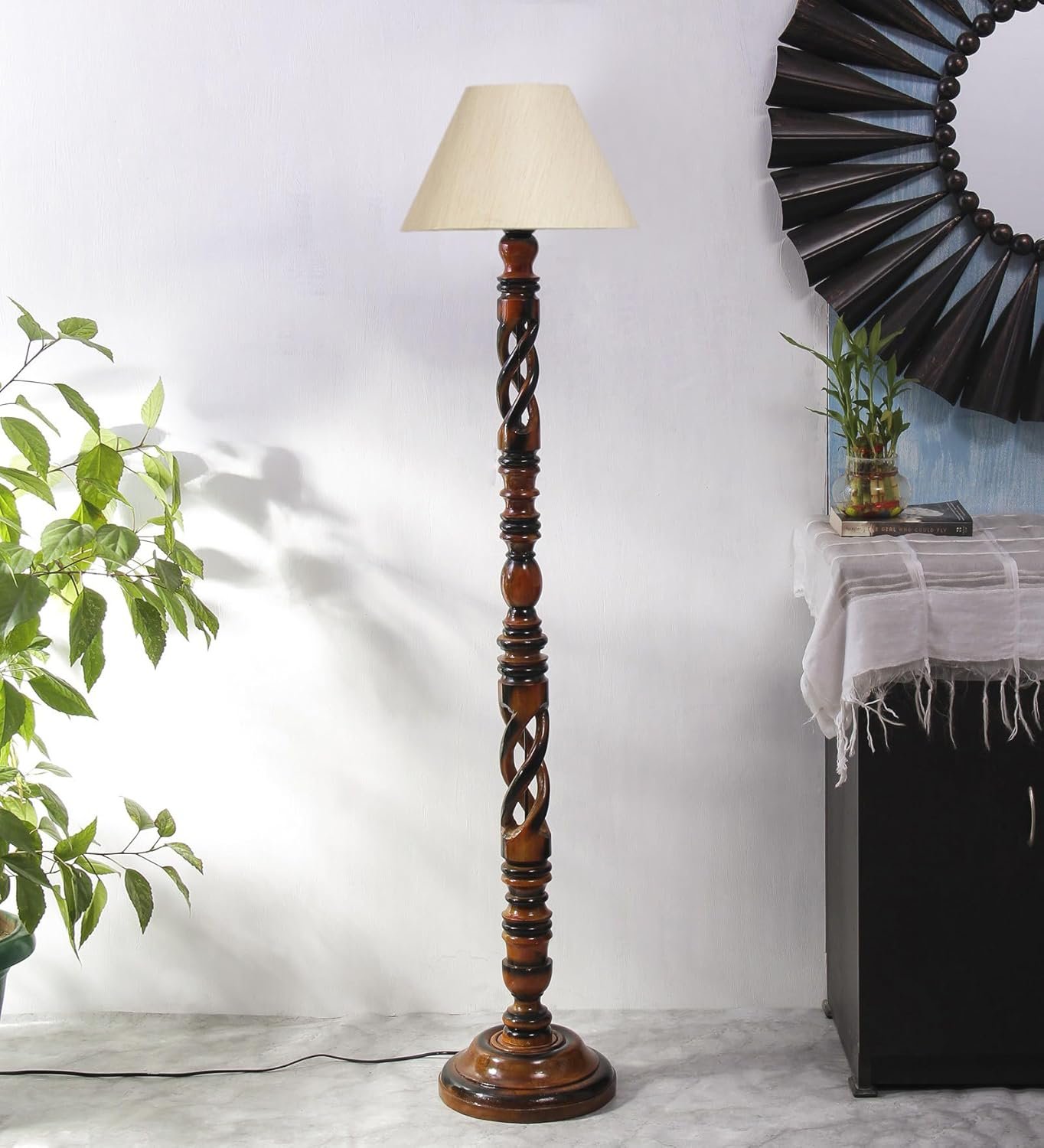 Off-White Cotton Conical Wooden Floor Lamp -20(14x55.75inches) -Open Snake