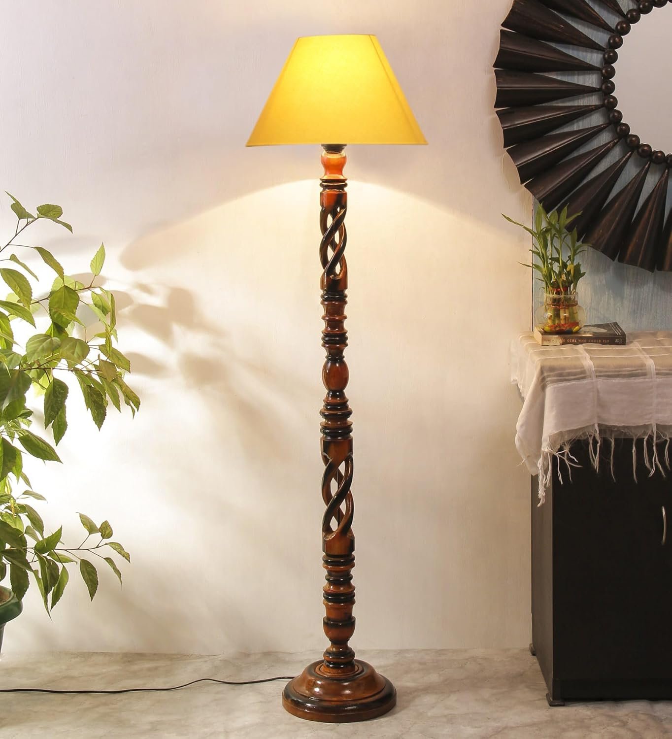 Yellow Cotton Conical Wooden Floor Lamp -24-(14x55.75inches) -Open Snake