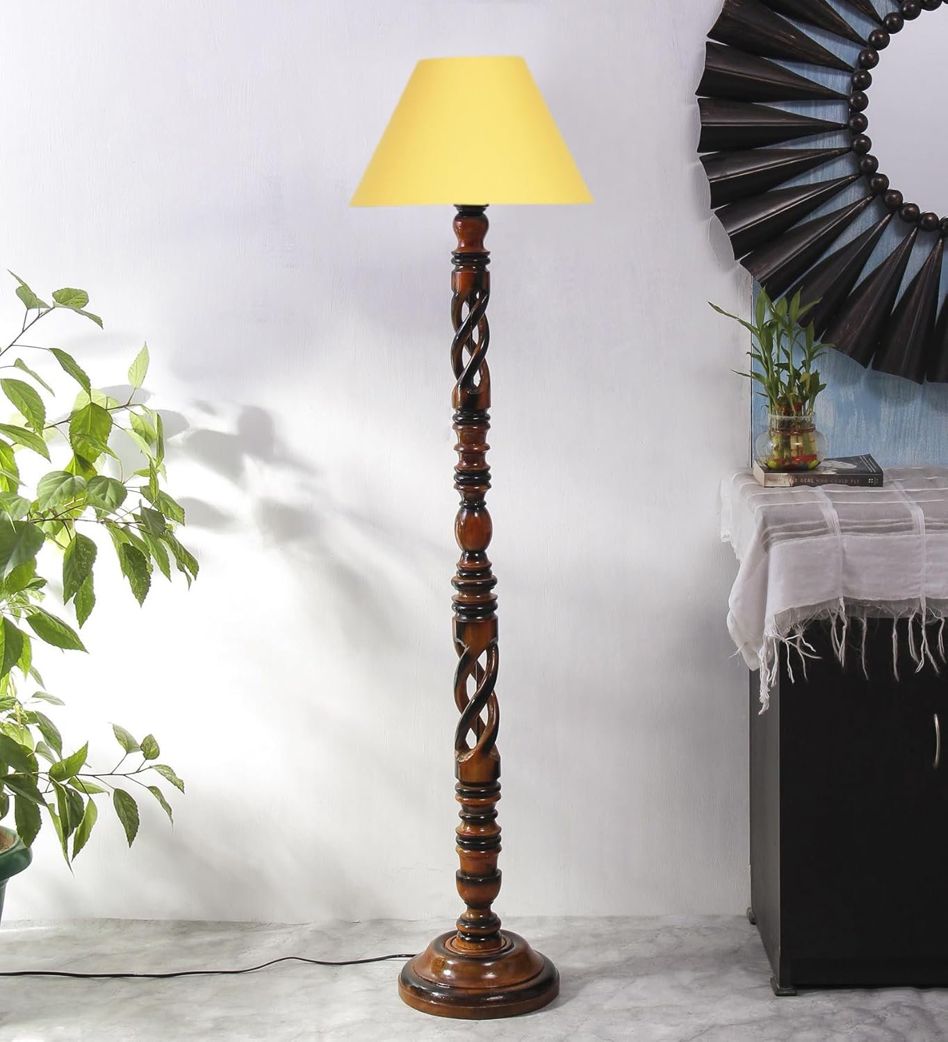 Yellow Cotton Conical Wooden Floor Lamp -24-(14x55.75inches) -Open Snake