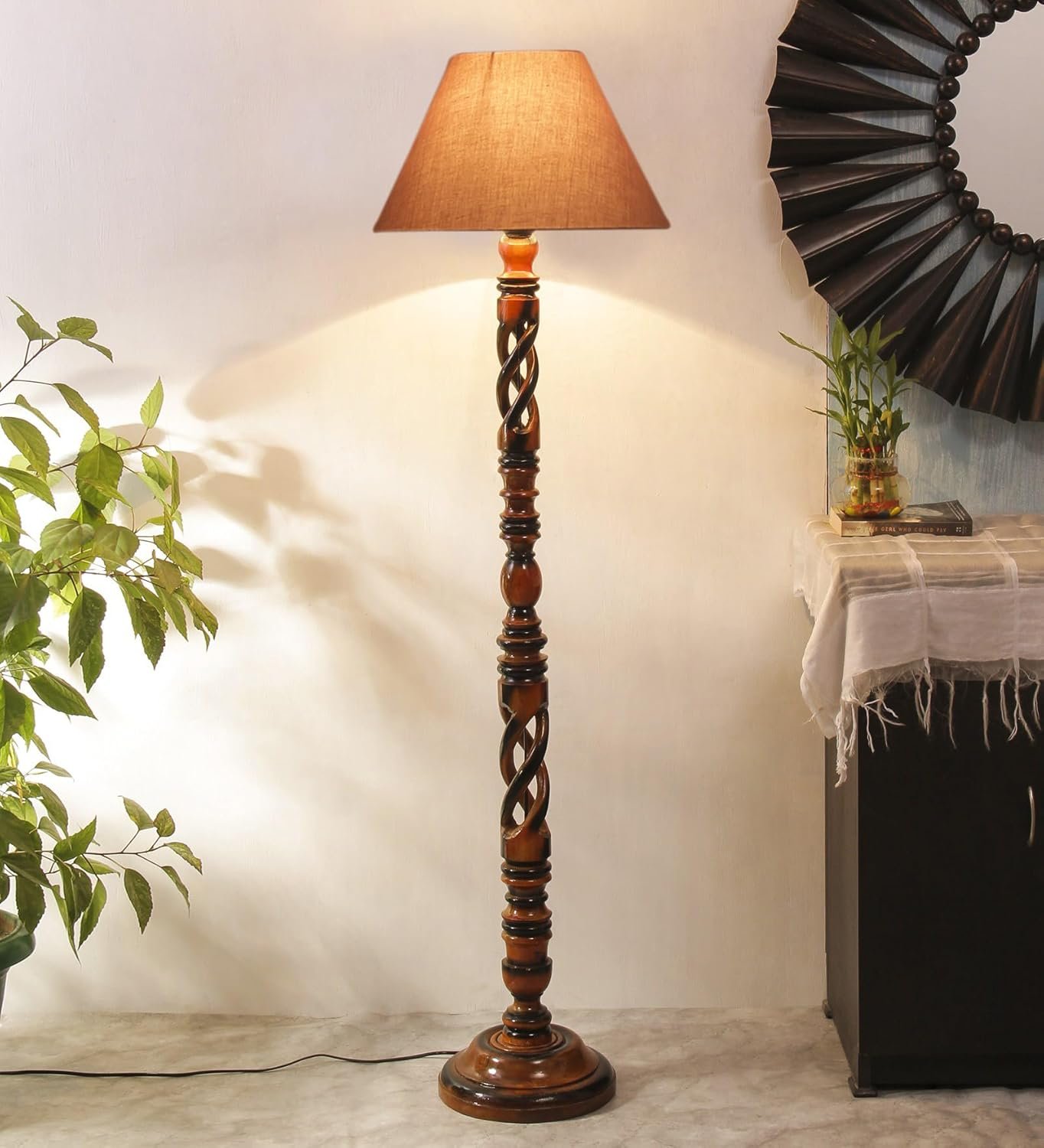 Grey Cotton Conical Wooden Floor Lamp -25-(14x55.75inches) -Open Snake